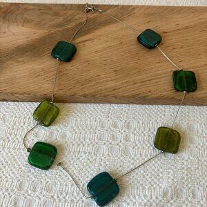 Chunky Green, Teal, Blue Square Glass Bead Necklace, Adjustable